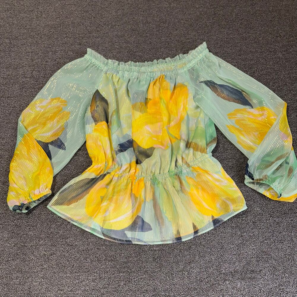 White Houses Black Market Off Shoulder Blouse Size XS Boho Fairy Yellow Teal - Picture 10 of 10